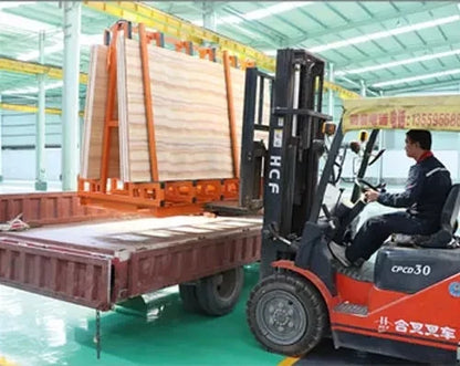 A-frame slab transport trolley with rubber-lined supports